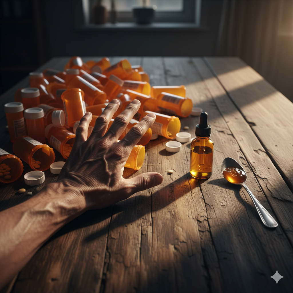 A hand resting on a wooden table covered with empty pill bottles and a small dropper bottle
