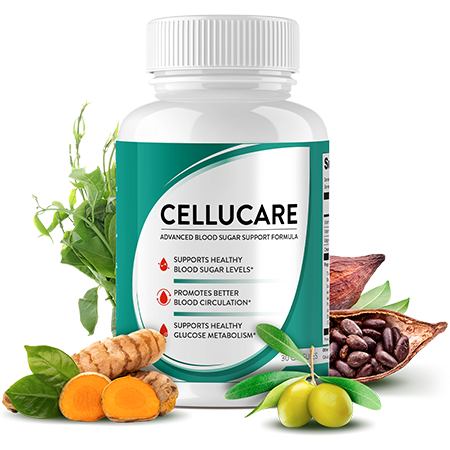 A white bottle of CelluCare blood sugar support capsules with turmeric, cocoa beans and olives around it