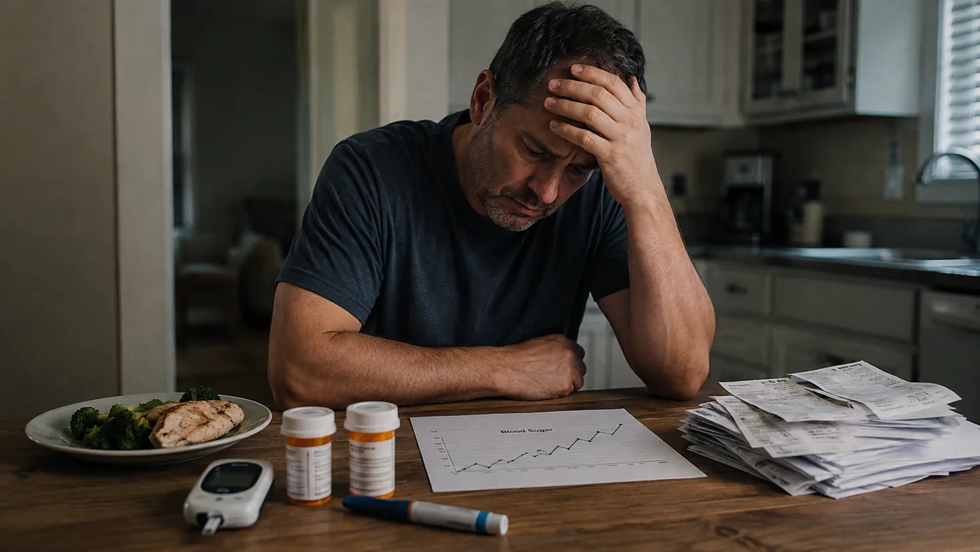 A man at the kitchen table early in the morning, head in his hand, next to a glucose meter and pill bottles