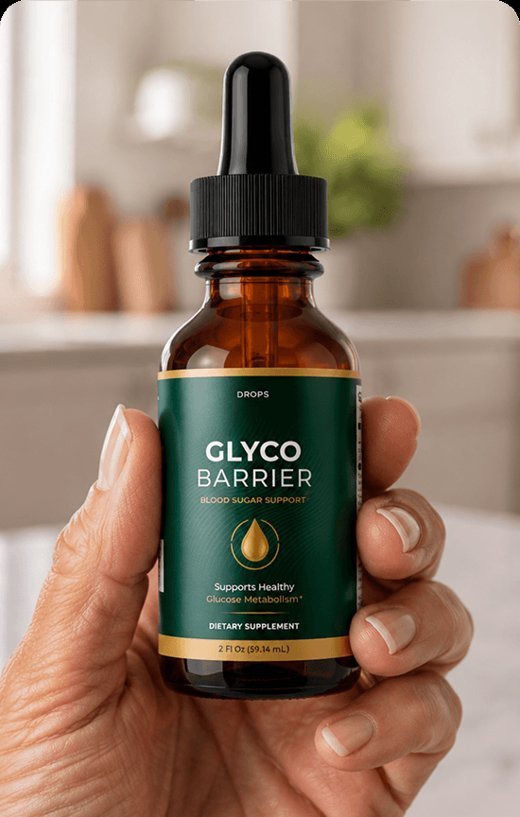 A bottle of Glyco Barrier drops held in a kitchen
